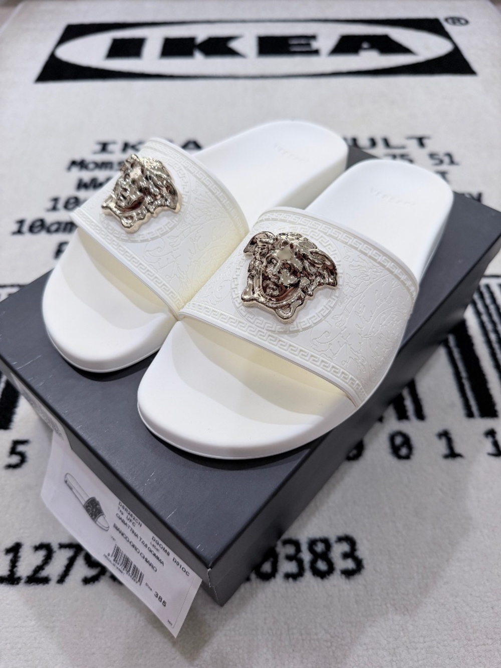 Versace Baroque Medusa Palazzo Patterned Rubber White Pool Slides GOMMA 38.5